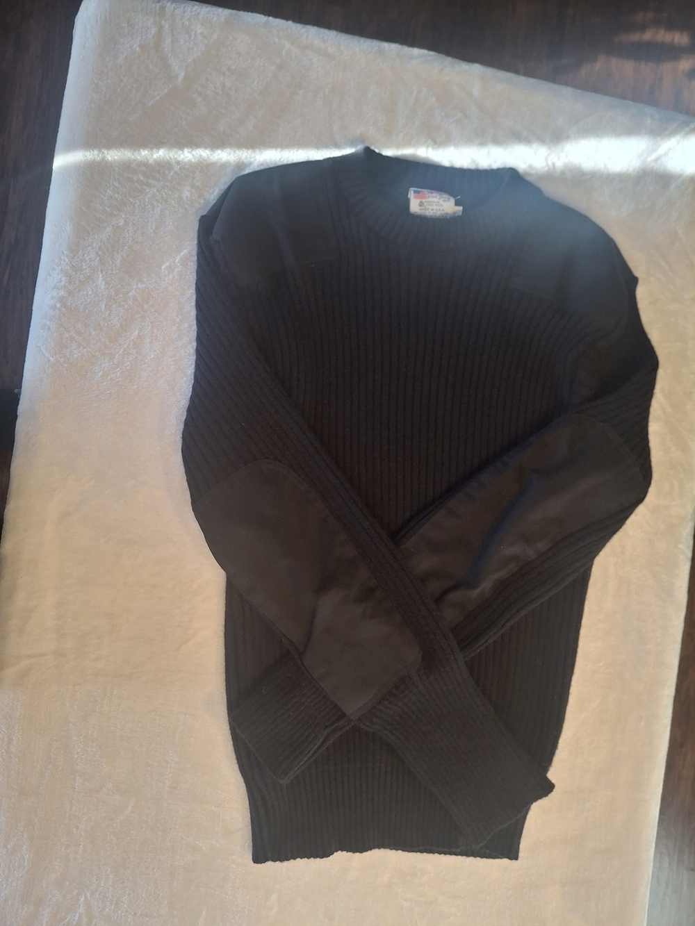 Black Ribbed Crewneck Sweater with Elbow Patches - Picture 1 of 11